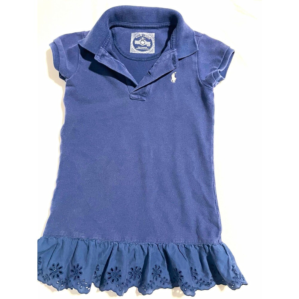 Ralph Lauren Girls 3T Blue Collared Polo Shirt Dress Eyelet Hem Stretch